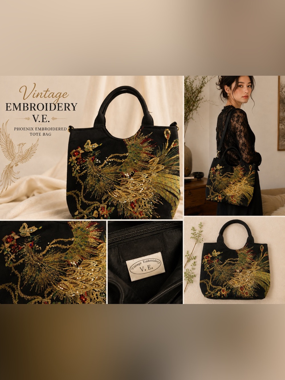 Vintage Embroidery Phoenix Sequin Tote Convertible Shoulder Bag Boho Statement